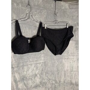 Gabi Fresh plus size XXL‎ Black Silver Metallic Striped High Waisted Bikini Set